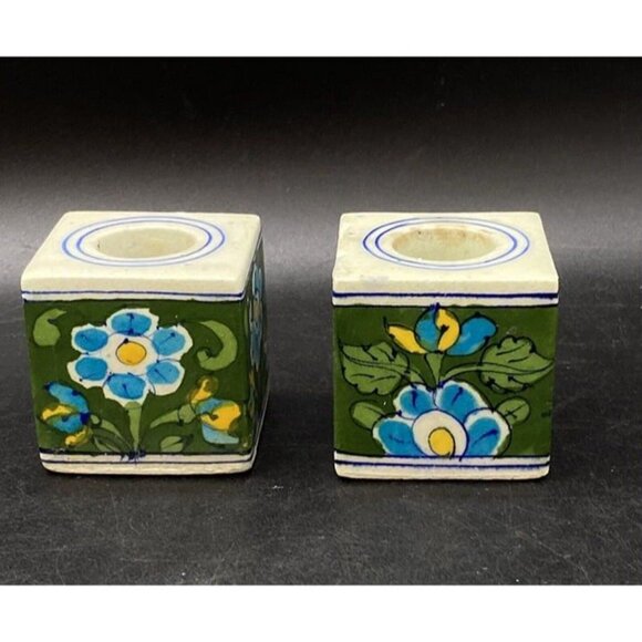 2 Blue Flowers Candle Holders Floral Square Ink Well Style India READ - Picture 1 of 12